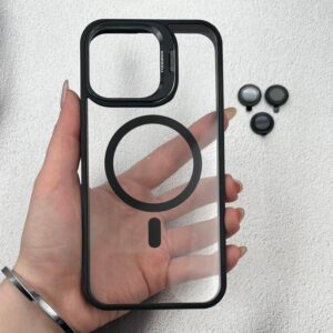 قاب گوشی iPhone 14 Pro Max آیفون شفاف مگ سیف Magsafe اورجینال لنز فلزی استند شو بهمراه محافظ لنز رینگی مشکی